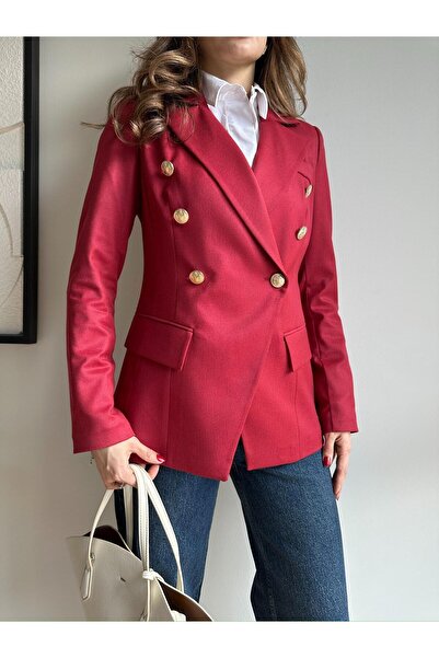 Genel Markalar Kadın Bordo Poliviskon Gold Düğme Blazer Ceket