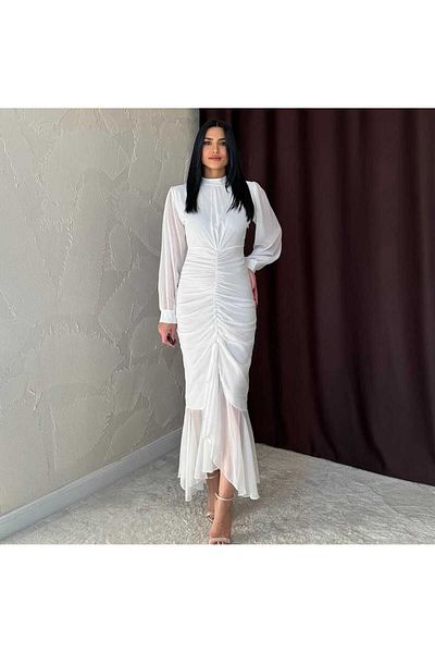 MODA DURAĞI Chiffon Draeli Slit Stand Collar Dress