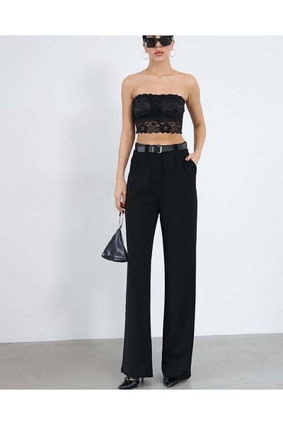 HARMONY GLOBAL Women's Black Lycra Double Pleat Detailed Knitted Crepe Fabric High Waist Palazzo Pants with Belt 3851