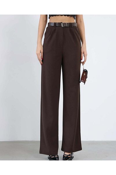 HARMONY GLOBAL 3851 Model with Detailed Ornecle and Fabric Belt with Brown Lycra Women's Trousers