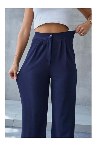 HARMONY GLOBAL Navy Blue Lycra Women's Palazzo Pants 3851 High Waist Bonito Fabric Double Pleat Detailed Knitted