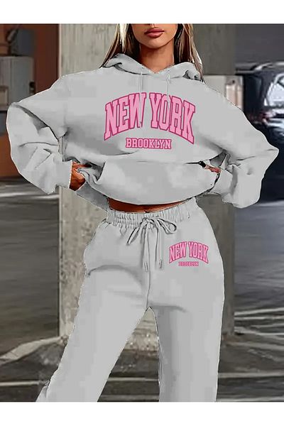 NEW TRENDY COLLECTİON Two Piece Set, Newyork Pink Letter Print, Long Sleeve Hooded Sweatshirt and Pants