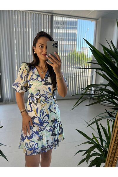 caddstore Mc 5829 V-Neck Indigo Chiffon Dress