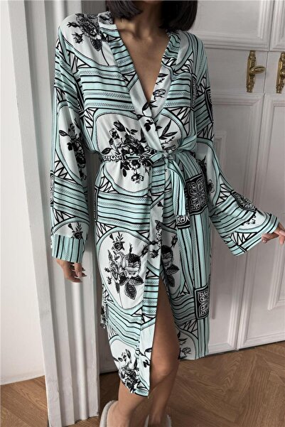 COCCOLARSI Disegno Floreale Monocromatic Mavi Viskon Kimono / Sabahlık