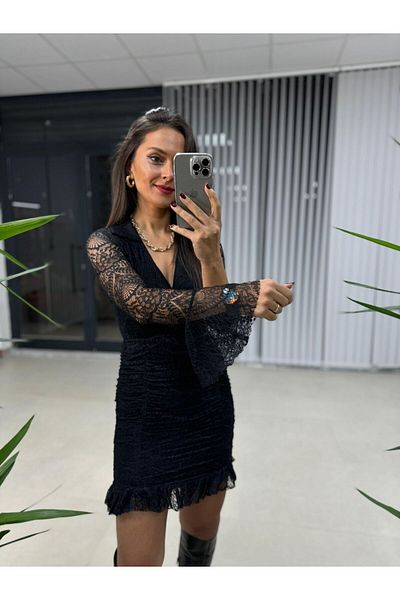 caddstore Lace Detailed Draped Black Dress