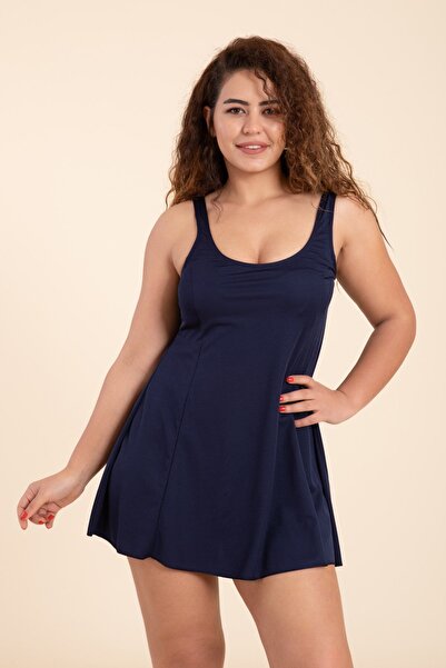 Pemilo Navy Blue Large Size Strap Skirted Swimsuit Dress