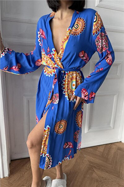 COCCOLARSI Fiori Come il Sole Mavi Viskon Kimono / Sabahlık
