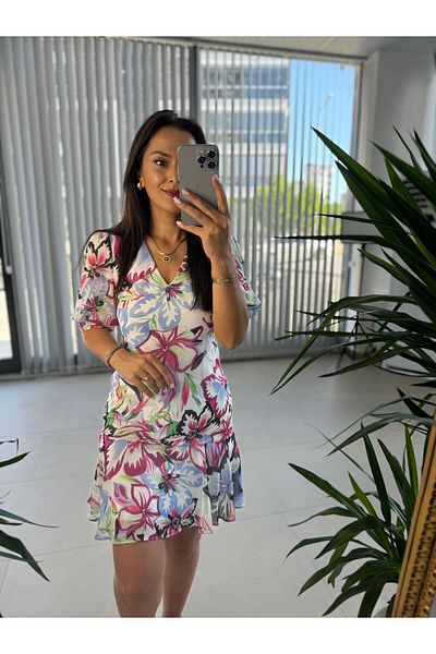 caddstore Mc 5829 V-Neck Fuchsia Chiffon Dress
