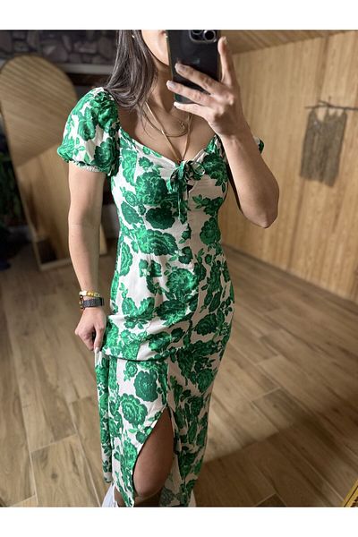 caddstore Rochie din viscoza cu trandafir verde