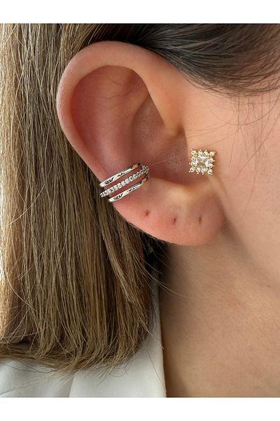 Pinery Jewels 3 Row Zircon Stone Brass Plated Women's Cartilage Earrings