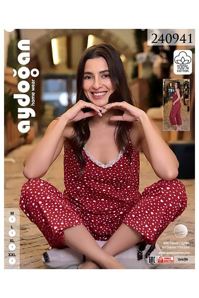 Aydoğan Strappy Heart Patterned Capri Red Color Women's Pajama Set 240941