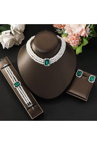 Choice 808433-green 4pc Women's Fashion Light Luxury Short Style Imitation Pearl Turquoise Necklace Earring