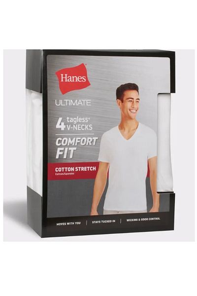 HANES V- Neck T-Shirt Mens Hanes 4Pcs White