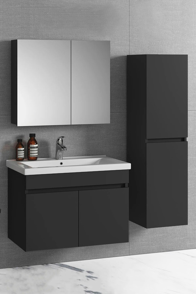 Alfa Banyo Viola2 Siyah 80+35 cm Mdf Lavabolu Banyo Dolabı Boy Dolaplı banyo lavabo dolabı HazırKurulu