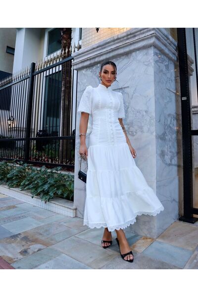 Kashaya Women's Long White Linen Cotton Women's Dress, Lace Detail and Lining.
