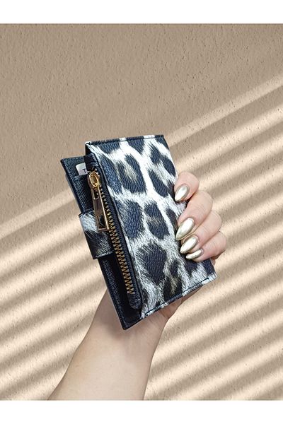 KY Women's Black Leopard Small Wallet Card Holder Zippered