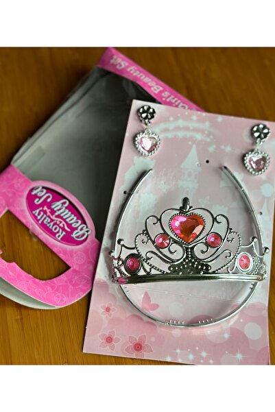 QUEEN AKSESUAR Princess Queen Crown for Children Clip-On Non-Perforated Earrings Gift Set Pink Gemstone Crown Birthday