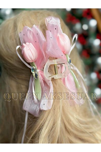 QUEEN AKSESUAR Pink Soul: Synth Fuzzy Bow Ribbon Rhinestone Clip Buckle
