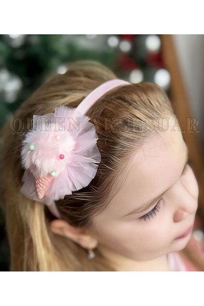 QUEEN AKSESUAR Cute 3D Plush Ice Cream Fancy Tulle Crown Pink