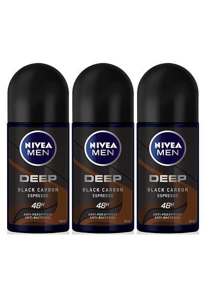 NIVEA مزيل العرق للرجال رول اون ديب بلاك كربون برائحة الإسبريسو 50 مل × 3