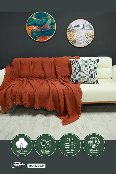 OTEXSA Kiremit 4 Katlı Çift Taraflı Müslin Koltuk - Çekyat Örtüsü (200 X 220CM)