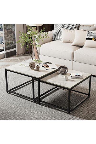 TrentonGCC Nesting Coffee Table Set Of 2 Marble Top Stackable Living Room Accent Tables