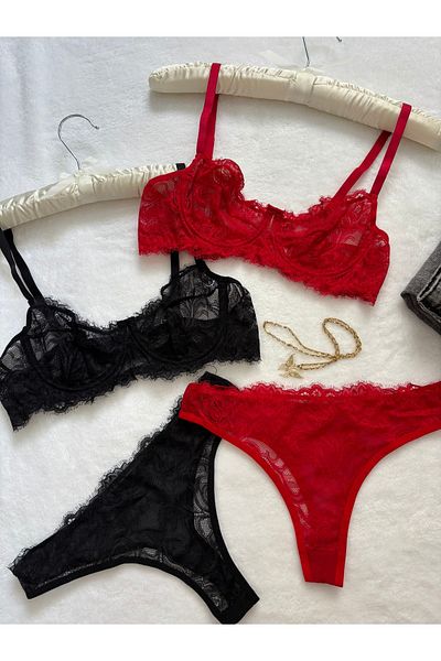 İNKO İÇ GİYİM Lace Underwire Cupless Bra Thong Set Set of 4