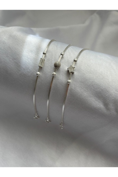 Silver 925 Ayar Gümüş Minimal Üçlü Set Taşlı Kadın Bileklik/kutulu Gönderim