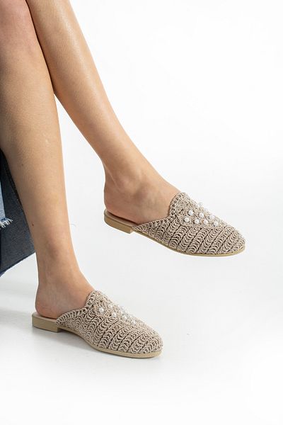Moda Devrin Papuci de damă Beige Pointed Pearl Papuci de casă și exterior