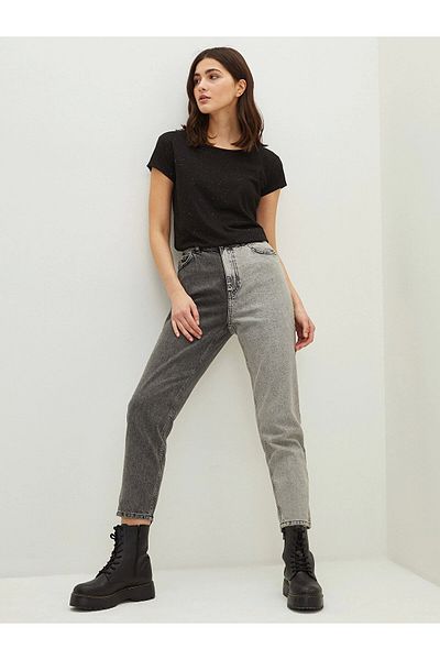 LC Waikiki Lcw Jeans Gray High Waist Mom Fit Color Blocked Pocket Detailed Rodeo Women's Jean Pants