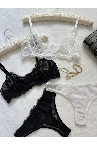 İNKO İÇ GİYİM Lace Underwire Cupless Bra Thong Set Set of 4