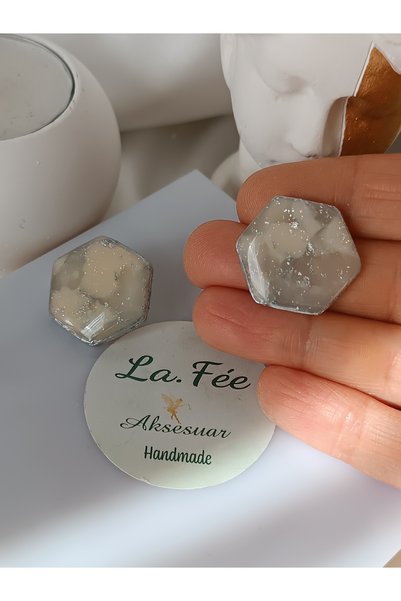 La fee aksesuar Bone Pattern Silver Color Detail Steel Earring with Apparatus Polymer Clay Women's Earrings Handmade Custom Design