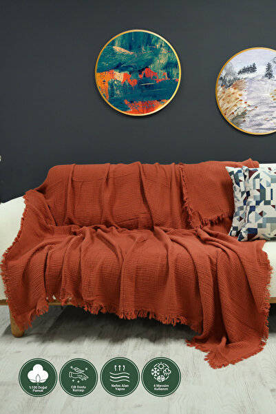 OTEXSA Kiremit 4 Katlı Çift Taraflı Müslin Koltuk - Çekyat Örtüsü (200 X 220CM)