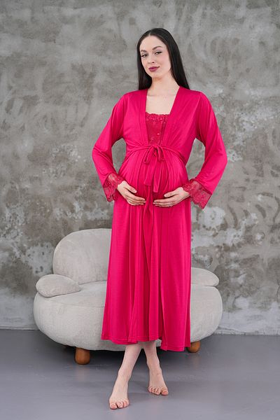 Lohussa Women's Fuchsia Lace Summer Special Design Full Length Cotton Maternity Dressing Gown Nightgown Set