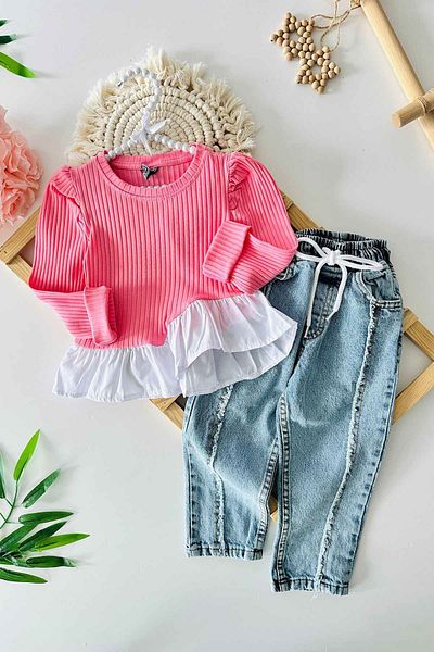 Minigimin Cicileri Mini My Little Puppies Shirt Ruffle Detailed Striped Jeans Σετ 2 για κορίτσια - Ροζ