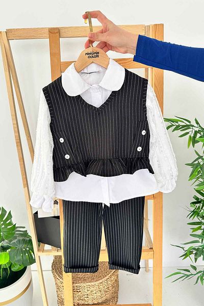 Minigimin Cicileri Girl's 3-Piece Button Detailed Suit with Embroidered Flake Sleeve and Stripe - Black