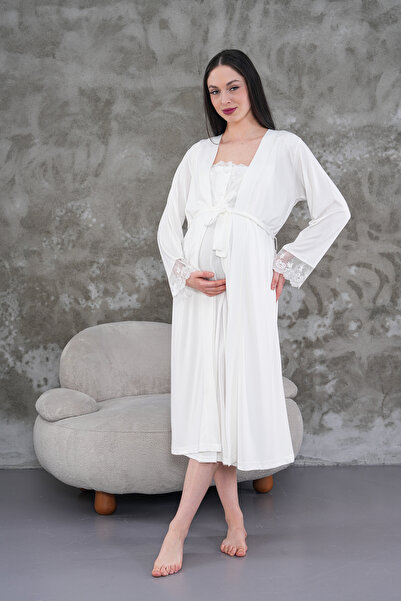 Lohussa Kadın Ekru Dantelli Yazlık Özel Tasarım Tam Boy  Pamuklu Hamile Sabah...