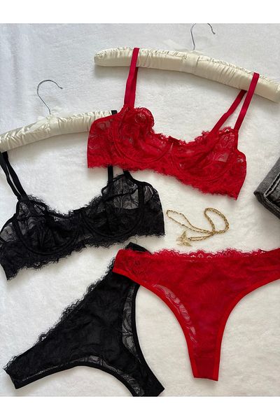 İNKO İÇ GİYİM Lace Underwire Cupless Bra Thong Set Set of 4