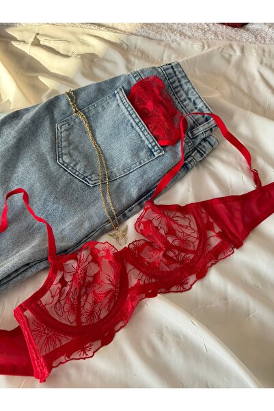 İNKO İÇ GİYİM Floral Underwire Cupless Tulle Bra Set (Bra Thong)