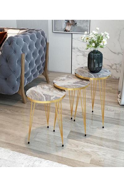 TrentonGCC Set of 3 Round Metal Frame Living Room Table  Marble Look Gold Legs for Living Room Hallway Office