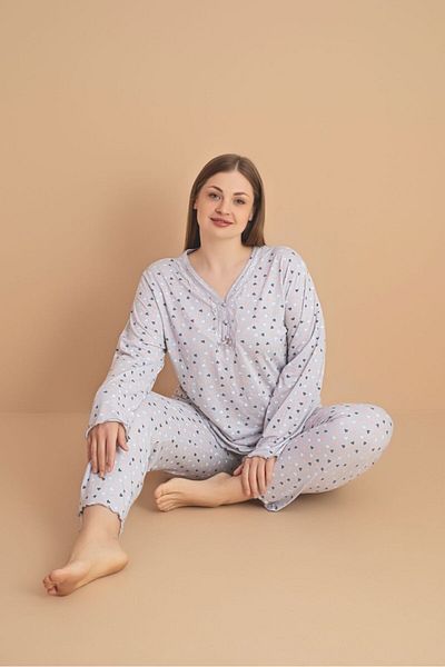 wear treasure Women's Plus Size Heart Print Collar Buttoned Long Sleeve Bamboo Pajamas Set