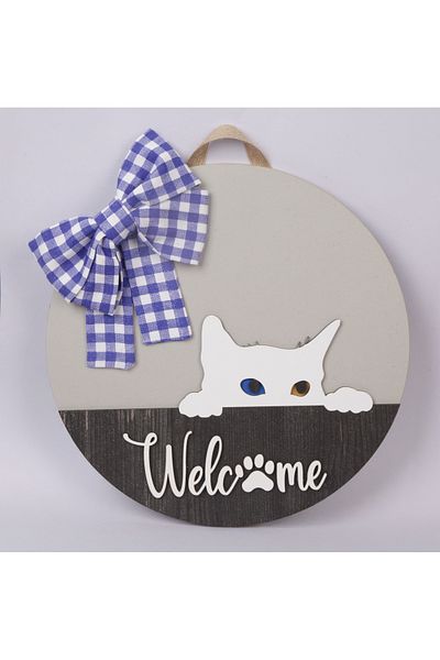 Hilaliart Wooden Door Ornament with Welcome Cat Figure - Wooden Mdf Door with Cat