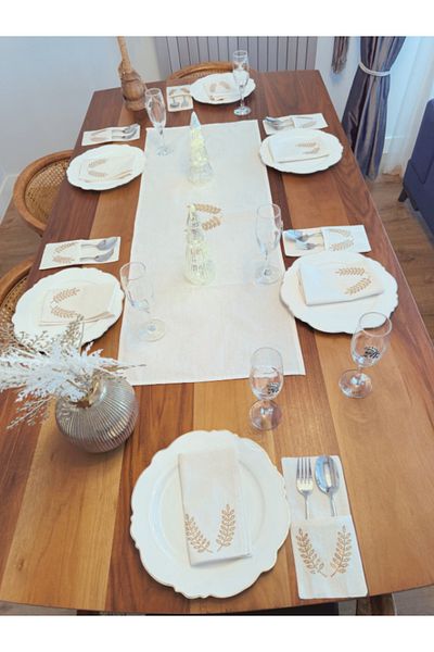 Menar Tasarım Virgo Embroidered Runner Napkin Cutlery Service Set 6-Person Abundance Icon Tableware