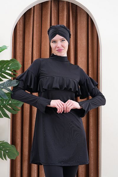 SEBOTEKS Μακρυμάνικο κλειστό μαγιό Hijab με λεπτομέρεια βολάν 3712