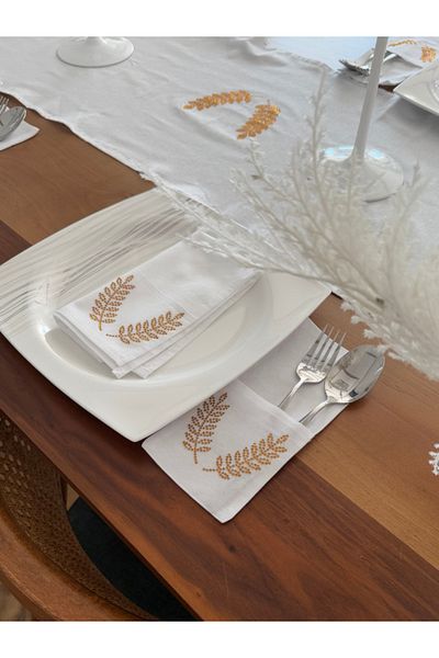 Menar Tasarım Virgo Embroidered Runner Napkin Cutlery Service Set 6-Person Abundance Icon Tableware