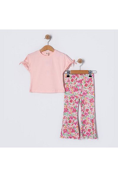 Magu Pink Bow Detailed T-Shirt and Floral Print Trousers Double Set