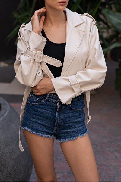 Madamra Béžová dámská kožená bunda s Belt Crop Biker