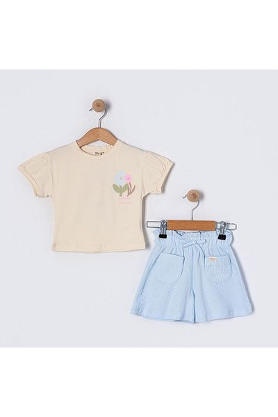 Magu Floral Printed Cream T-Shirt and Baby Blue Shorts Double Set (2-6 Years)