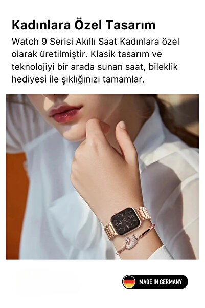 Bella Yeni Nesil 3 Kordonlu Kadın Akıllı Saat Spor ve Sağlık Sensörlü Watch 9 Plus Series Şık Saat Pembe