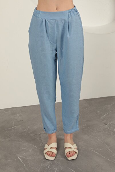 FTT SHOPPING MARKET Sofia Linen Double Leg Women's Trousers-Blue